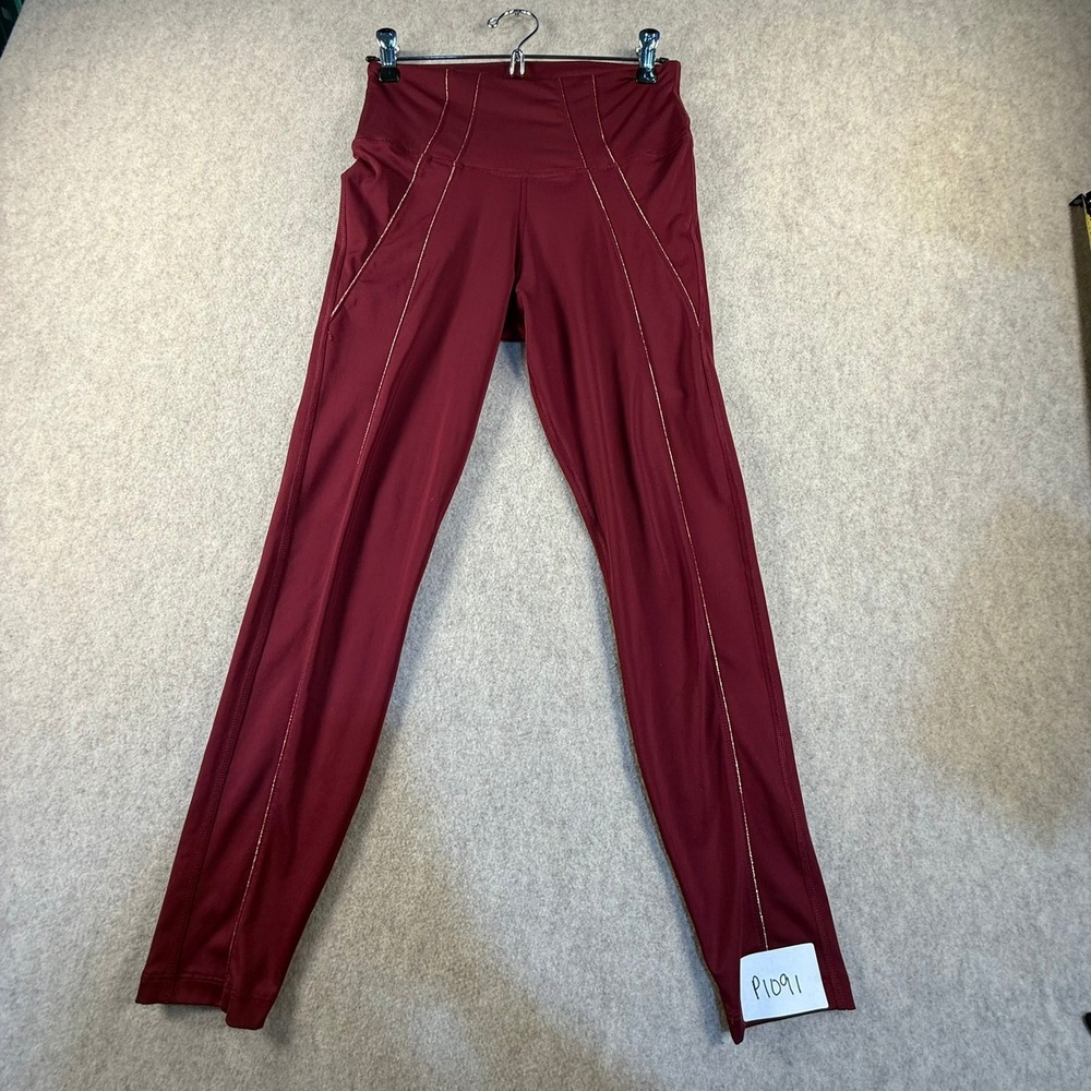 Nike Yoga Dri-FIT Leggings Burgundy Gold Metallic Piping High Rise Medium